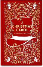 Red cover with gold leaf detailing of a top hat and holly leaves, text reads a christmas carol by charles dickens.