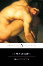Nude man version of Frankenstein with text reading Frankenstein by mary shelley.