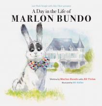 Drawing of a white bunny in a rainbow checked bow tie in front of the white house. The text reads a day in the life of Marlon Bundo.