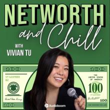Net worth and chill podcast with Vivian Tu image of Vivian, a young asian woman, holding a mic.