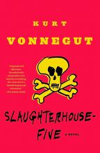 red book cover with yellow skull and bones. text reads kurt vonnegut slaughterhouse five