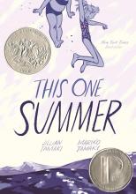 A drawing of two teen girls jumping in the ocean. Title reads this one summer. Book is a graphic novel.