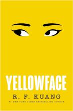 Yellowface by R F Kuang book cover featuring illustrated asian eyes on a yellow background.