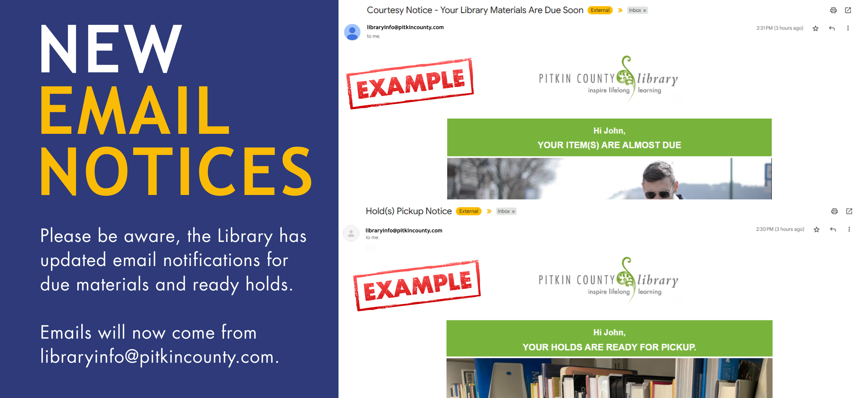New email notices. Please be aware, the Library has updated email notifications for due materials and ready holds.  Emails from vega@iiivega.com are not a phishing attempts.