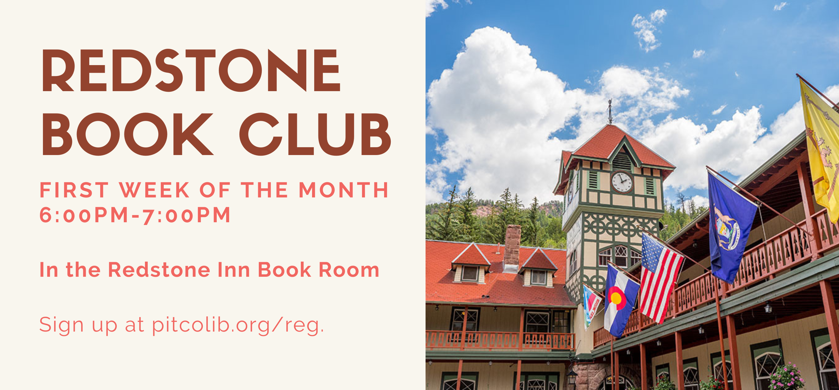 redstone book club every first week of the month at six P M in the redstone inn book room
