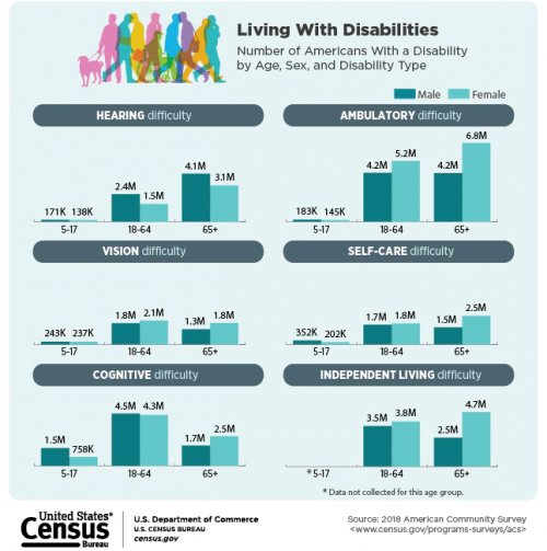 "graphs of number of americans with a disability by age, sex, and disability type"
