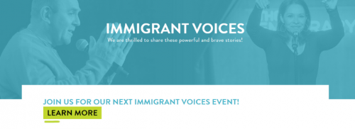 "immigrant voice logo and link to information about immigrant storytelling"