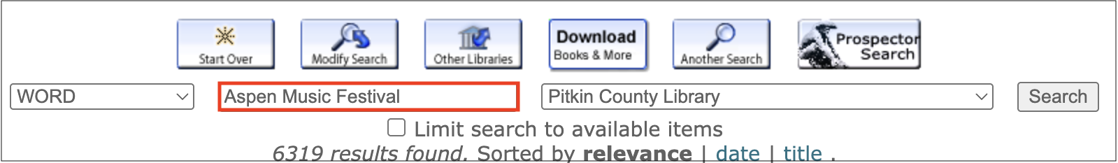 A screenshot of the catlog web page and a red box around Aspen Music Festival