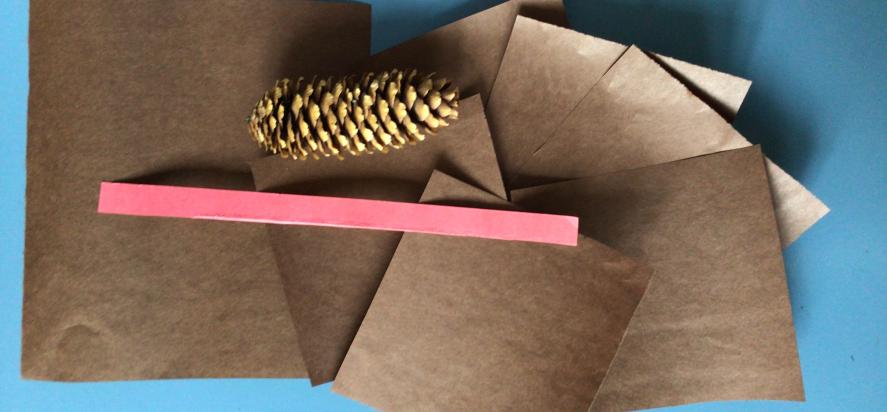 picture of supplies including paper and pincone