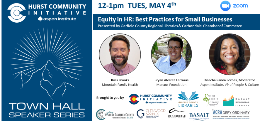 a picture of the town hall poster and the three speaker for the equity in HR talk with garfield county libraries