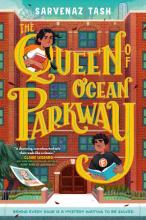 text reads" the queen of ocean parkway" and is overlayed on an apartment building. Two kids hang out of the letters with books.