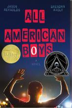 book cover of all american boys by jason reynolds. a young black teen holds hands up in front of police lights.