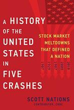 Red book cover with U.S. flag in background. Title reads a history of the United States in five crashes.