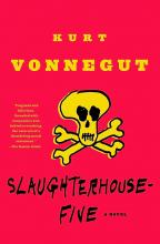red book cover with yellow skull and bones. text reads kurt vonnegut slaughterhouse five
