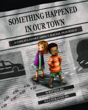 book cover of two girls standing on a newspaper and title something happened in our town