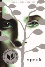 face of girl with no mouth and tree in front with book title speak