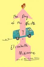 The Dog of the North A small dog stands on top of a pink arrow. The arrow splits a green van in half.