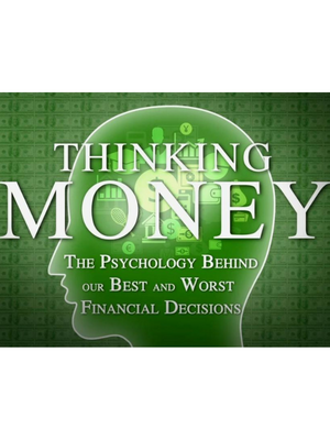 green head turned sideways with green background. text reads thinking money.