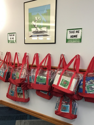 clear bags with red straps hung on a wall. the bags all have board games inside.